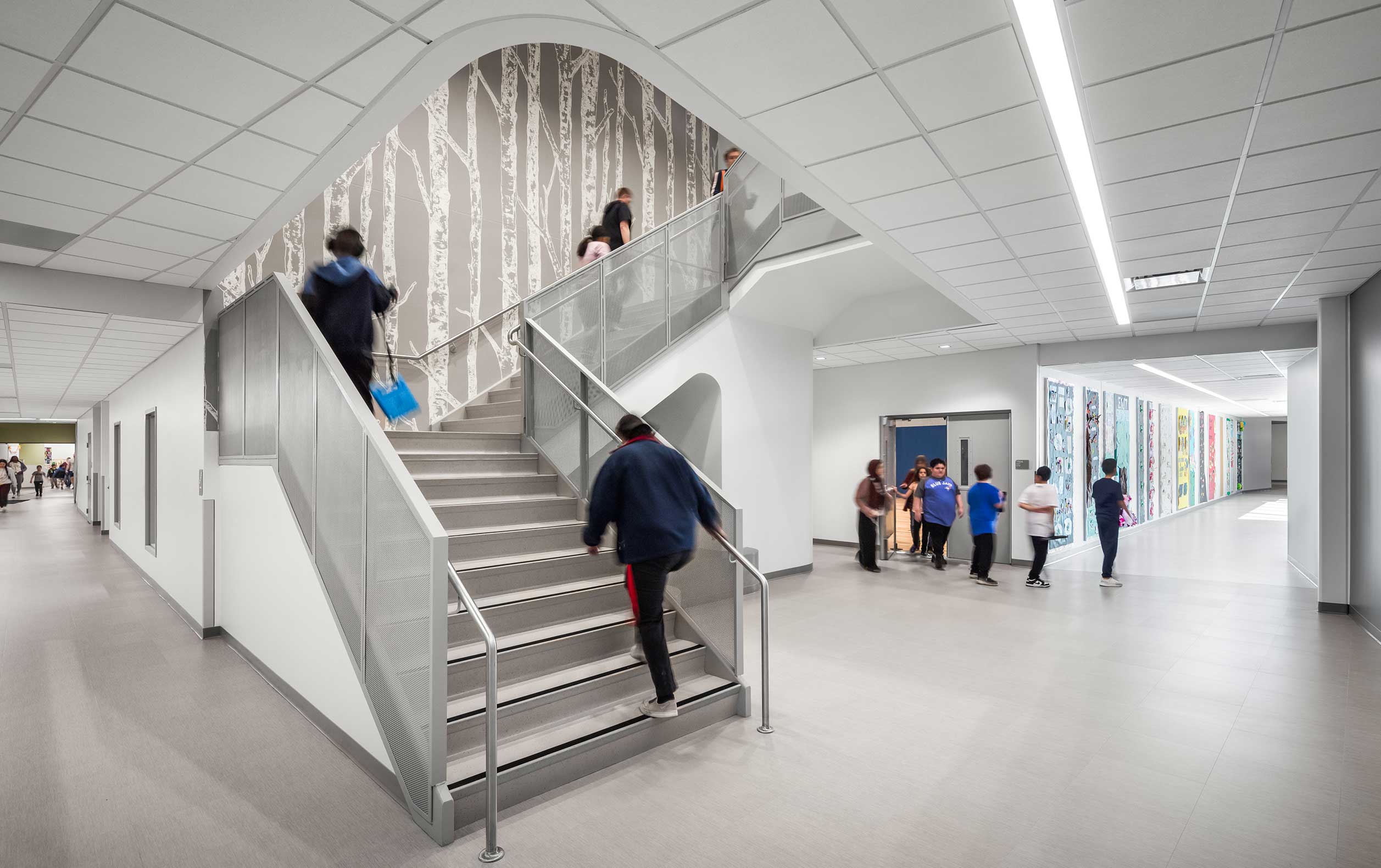 Subdued school atrium with staircase, curving ceiling, and birch tree graphic