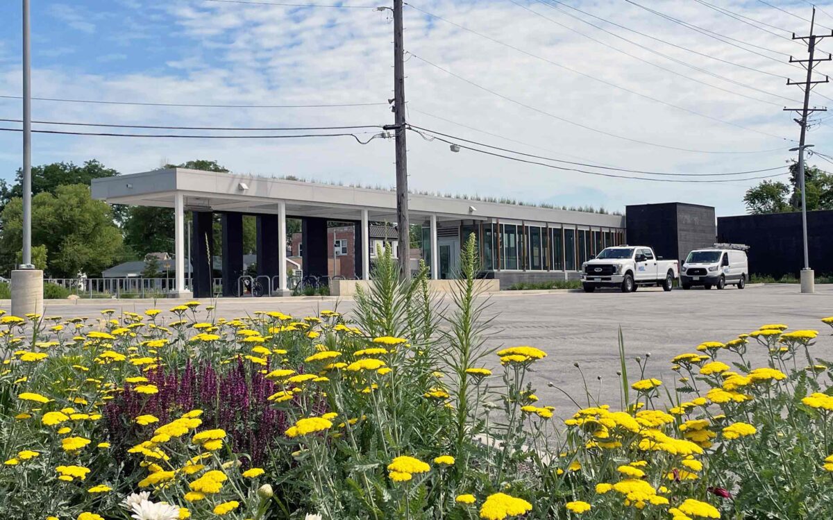 Clarendon Hills Train Station building and flowers