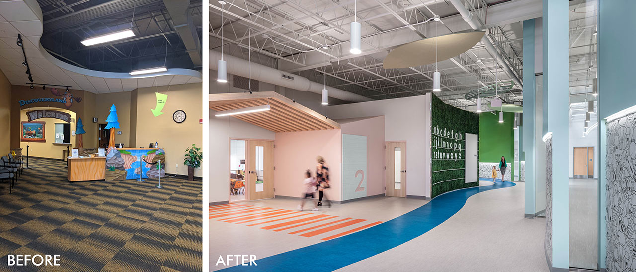 Before photo of church and after photo of Bright Futures Preschool