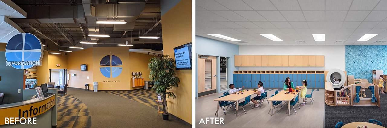 Before image of church lobby and after image of classroom with students and bright blue background