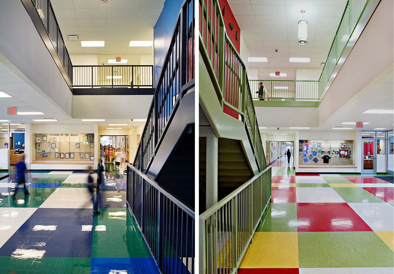 Side-by-side photos of school circulation area. The schools have different colors but are mirrors of each other.