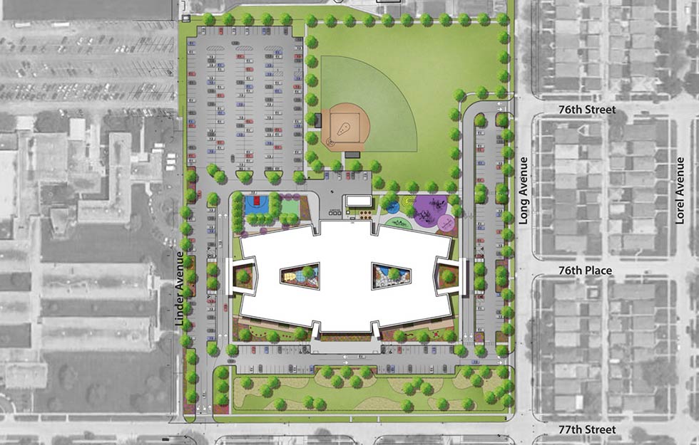 Site plan of school surrounding courtyards.