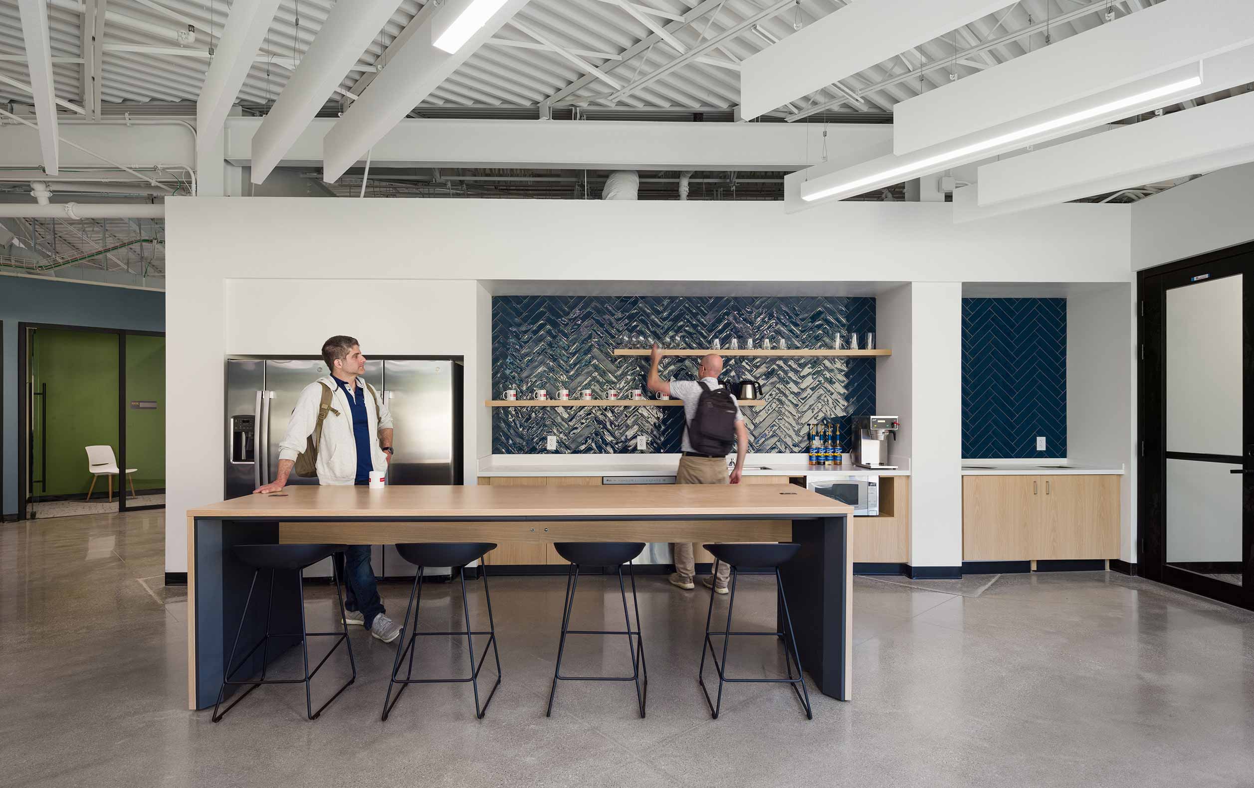 Break room with stools and long table