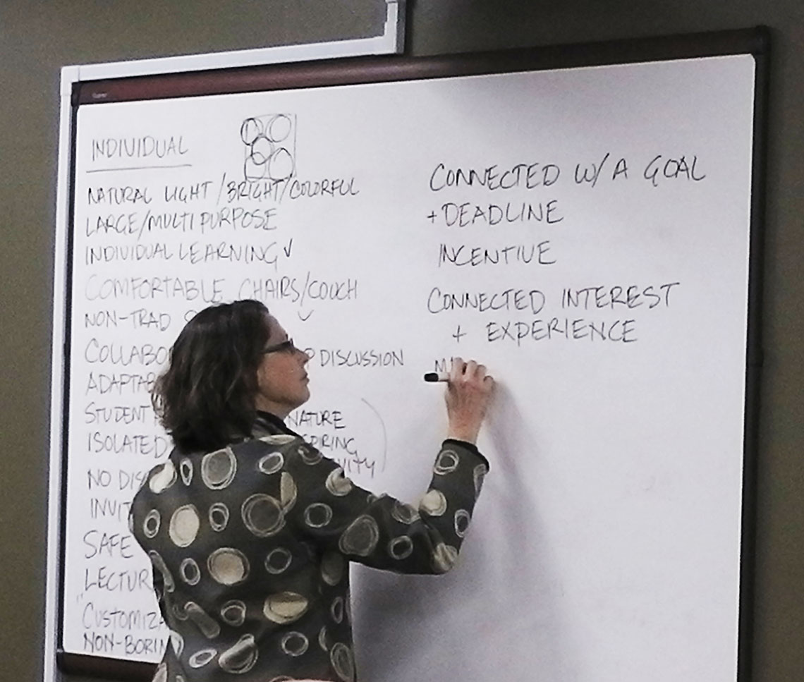 Architect writing school district master planning goals on a whiteboard