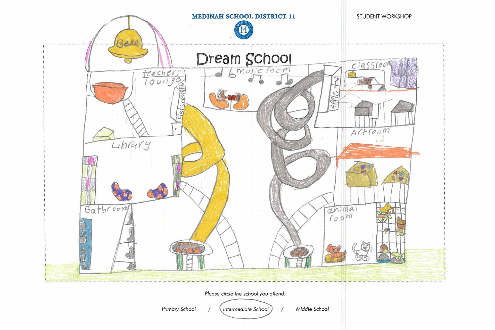 child's drawing of a futuristic school shows twisting slides