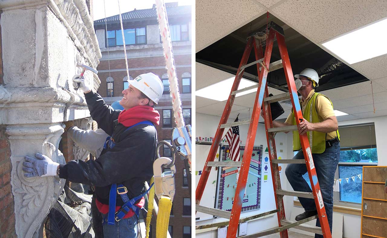 Left: architect inspecting wall of historic building; Right: architect climbing ladder to inspect classroom ceiling