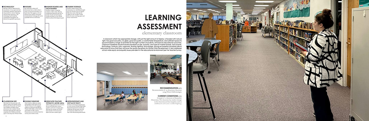 Left: architectural classroom learning assessment diagram; Right: architect surveys school library