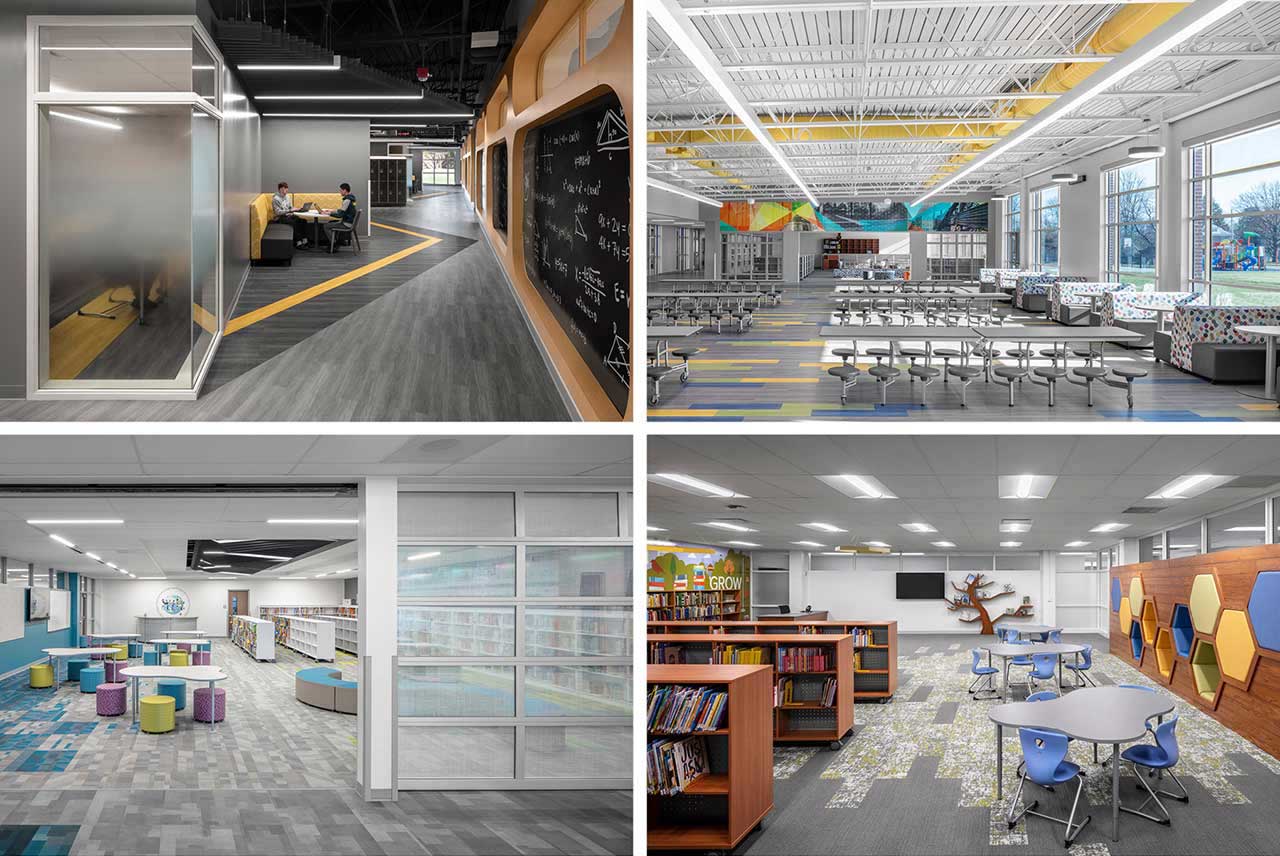 Collage of four images showing interior environments after upgrades at Galesburg School District